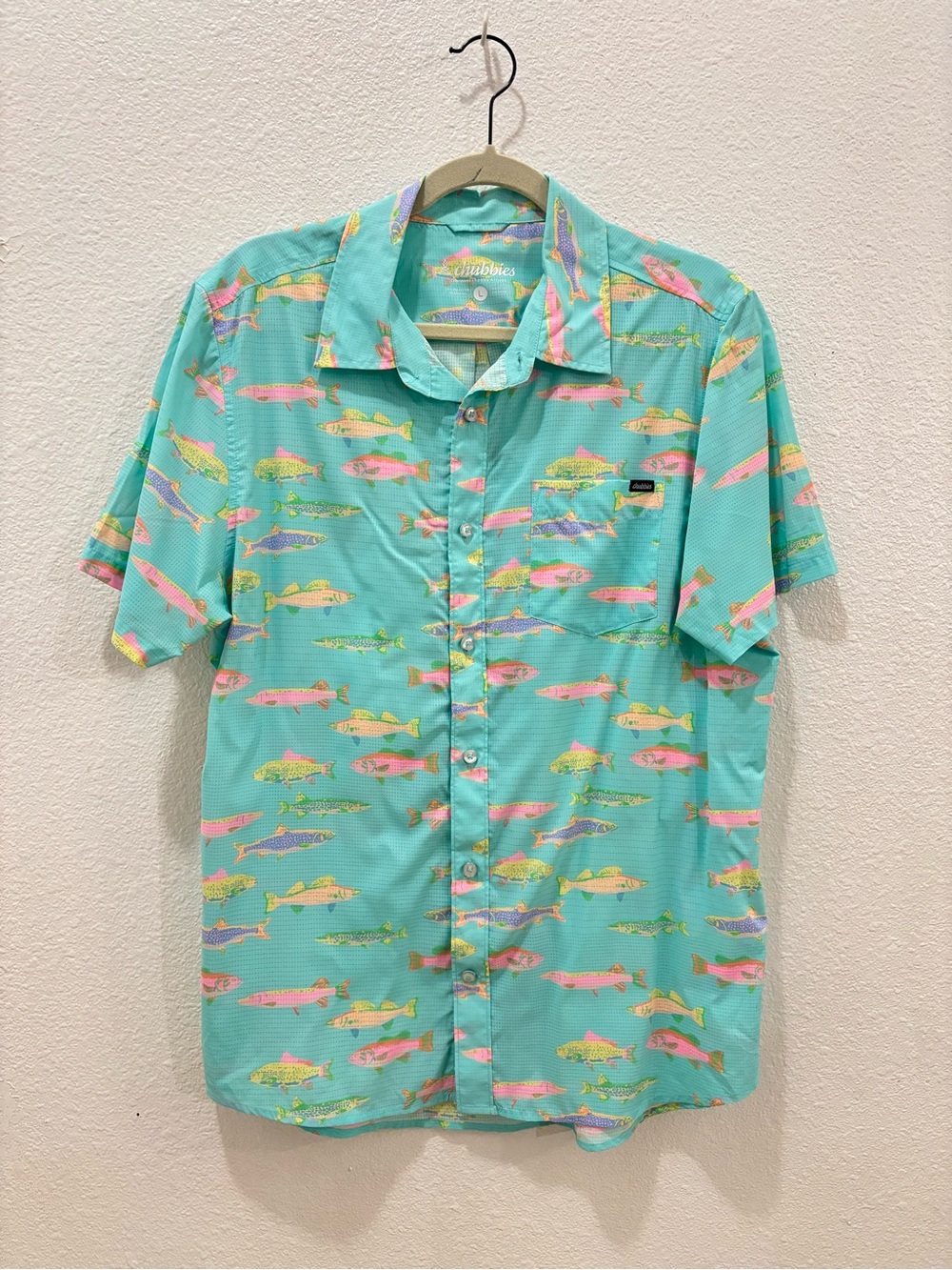 Chubbies Blue Neon Fish Patterned Short Sleeve Button Up Shirt Size Large